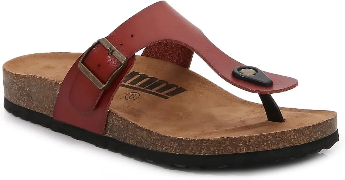 mm Women Soft Cork Footbed PU Leather Hook and Loop T Strap Flip Flops