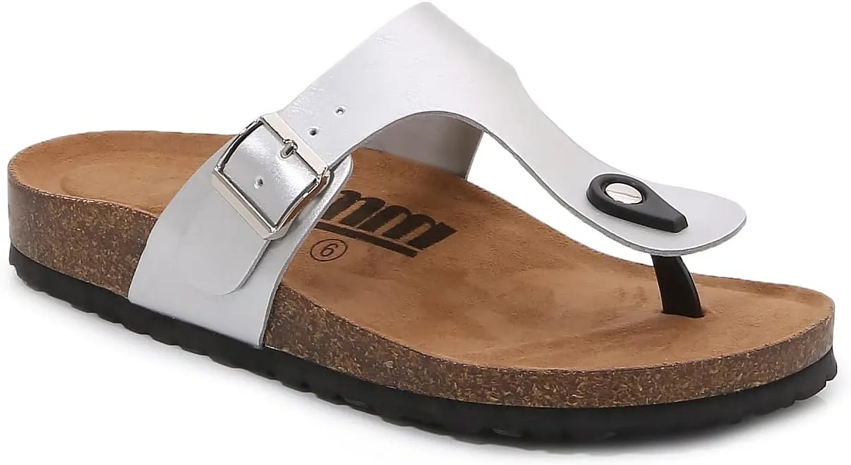 mm Women Soft Cork Footbed PU Leather Hook and Loop T Strap Flip Flops
