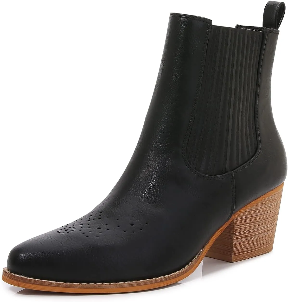 mm Women's Pointed Toe Mid Heels Chelsea Ankle Boots, Slip On Elastic Chunky Block Wooden Heel Short Western Cowboy Short Booties for Ladies, Brown Black White