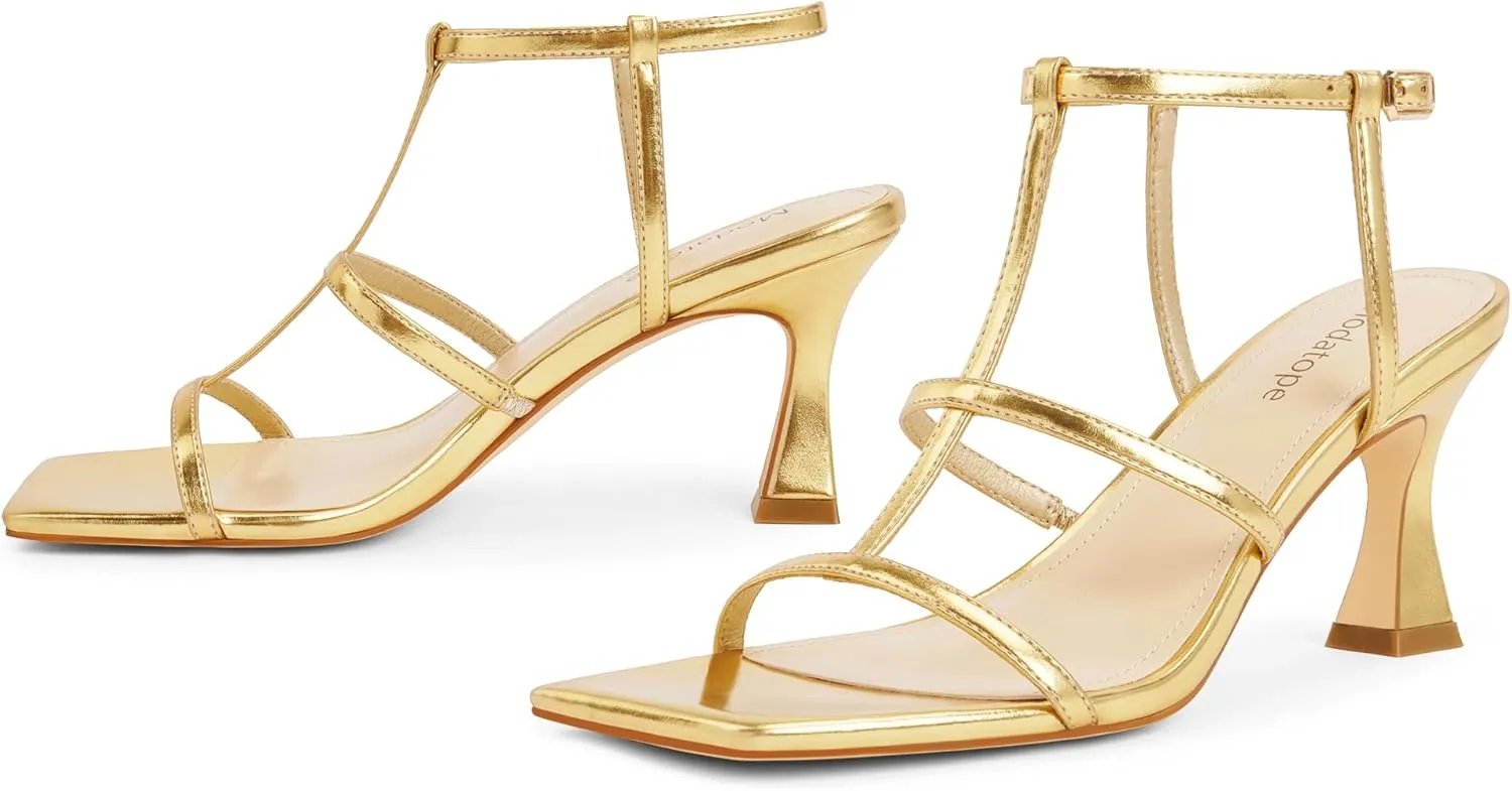 Modatope Strappy Sandals Women Square Toe Ankle Strap Kitten Stiletto Heeled Sandals Open Toe T-Strap Gladiator Sandals