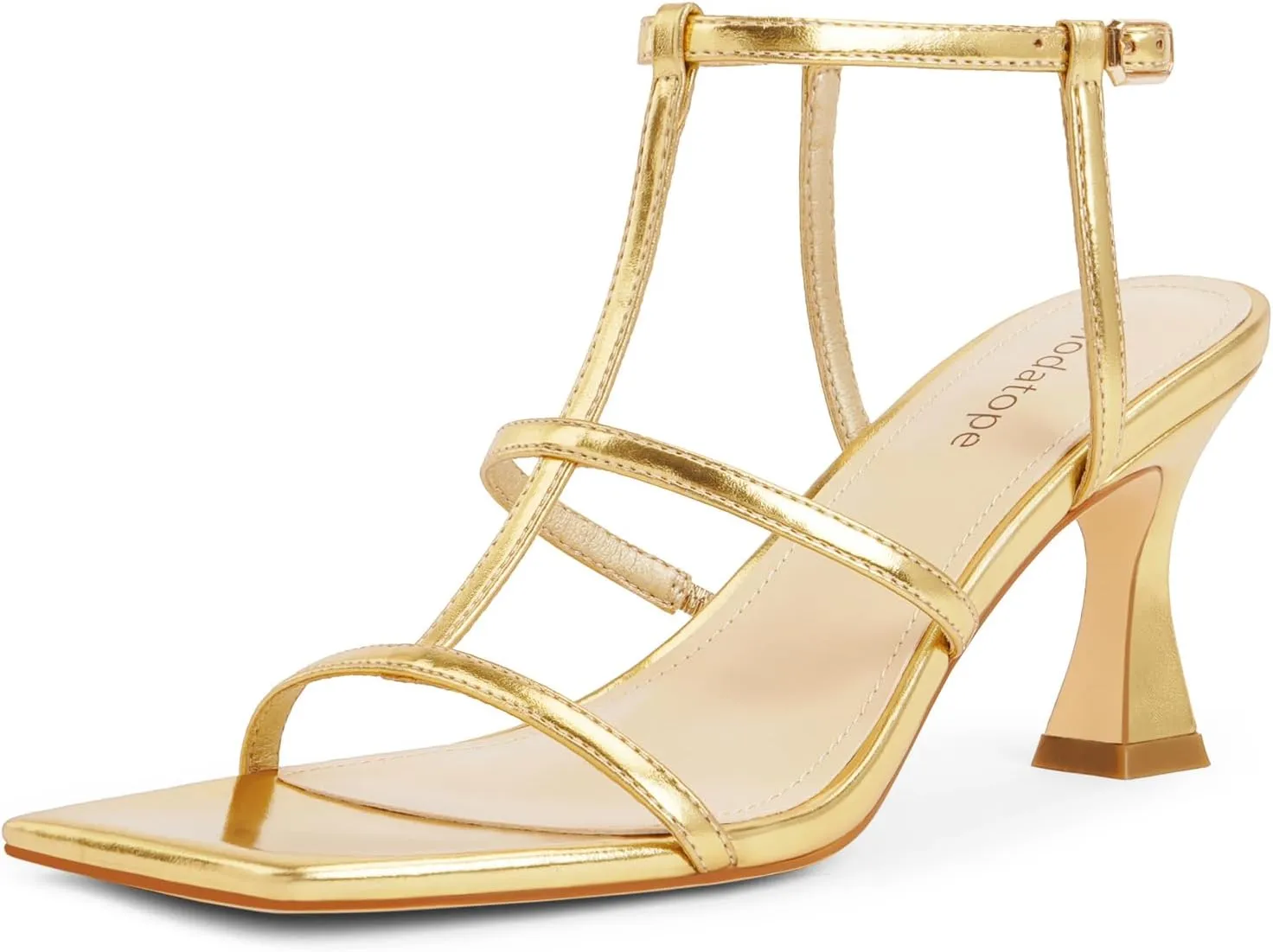 Modatope Strappy Sandals Women Square Toe Ankle Strap Kitten Stiletto Heeled Sandals Open Toe T-Strap Gladiator Sandals