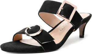 MODENCOCO Womens Kitten Heel Sandals Slip on Mules Low Heels Open Square Toe Suede Two Strap Summer Wedding Party Dressy Shoes