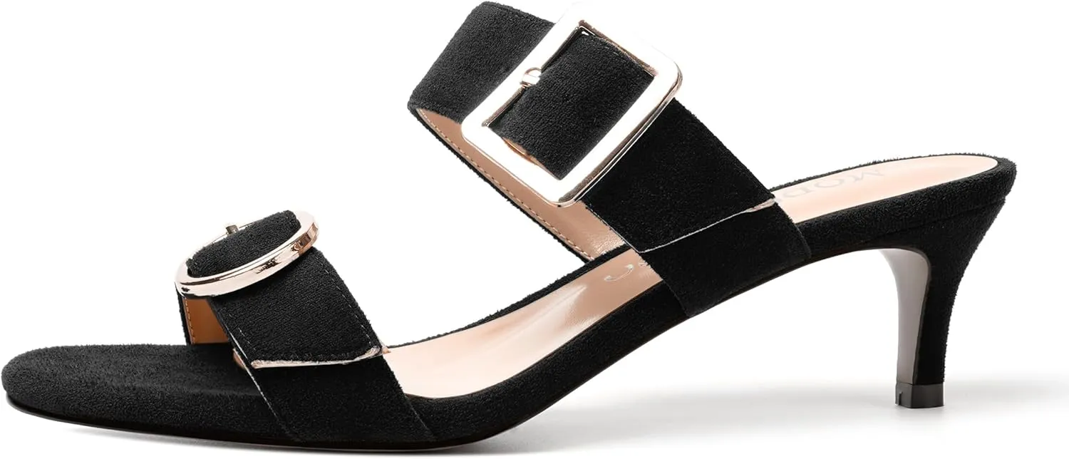 MODENCOCO Womens Kitten Heel Sandals Slip on Mules Low Heels Open Square Toe Suede Two Strap Summer Wedding Party Dressy Shoes