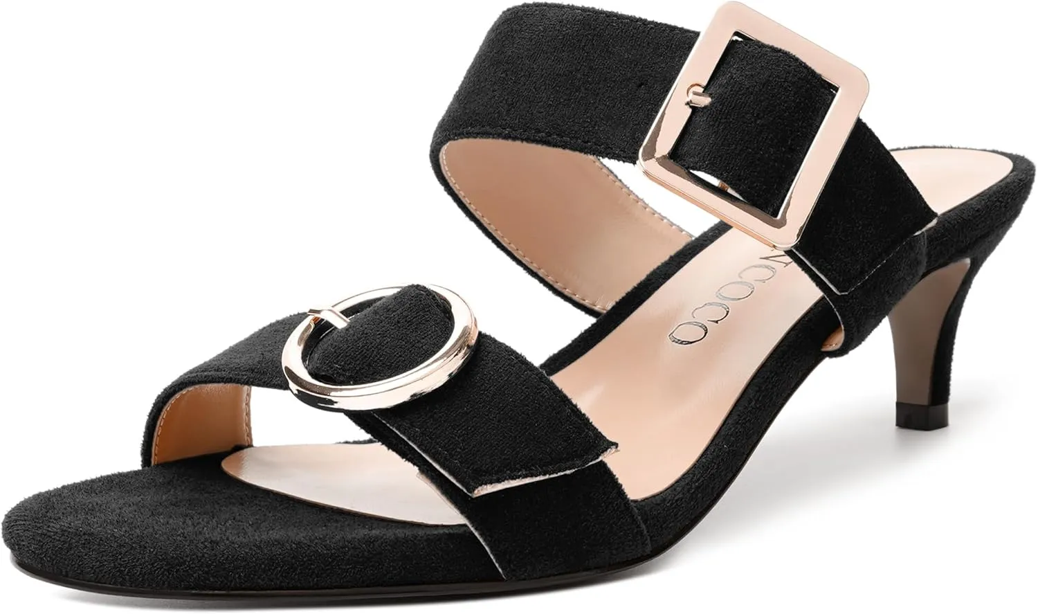 MODENCOCO Womens Kitten Heel Sandals Slip on Mules Low Heels Open Square Toe Suede Two Strap Summer Wedding Party Dressy Shoes