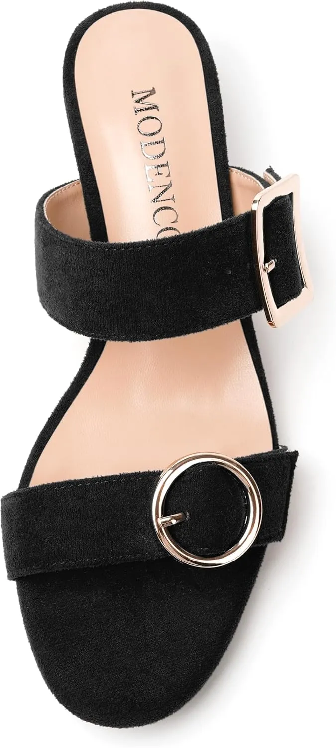 MODENCOCO Womens Kitten Heel Sandals Slip on Mules Low Heels Open Square Toe Suede Two Strap Summer Wedding Party Dressy Shoes