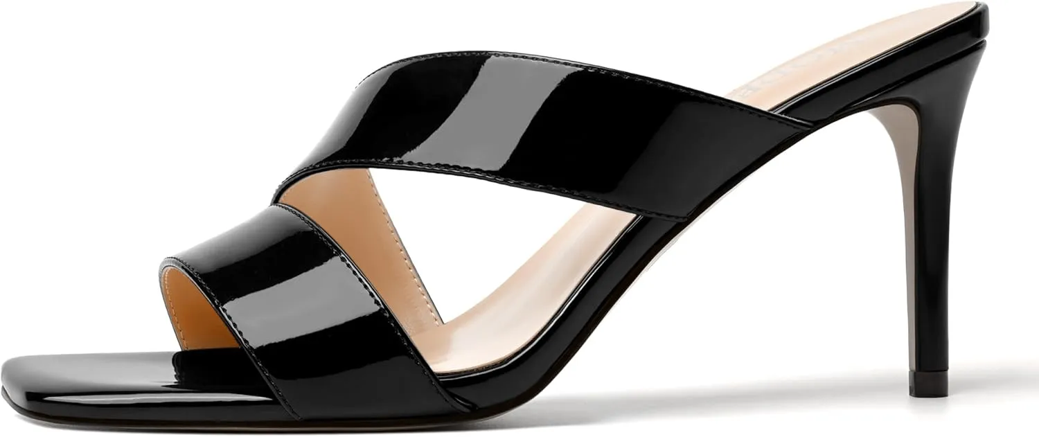 MODENCOCO Womens Slip On Square Toe Dressy Sexy Patent Party Stiletto High Heel Heeled Sandals 3.5 Inch