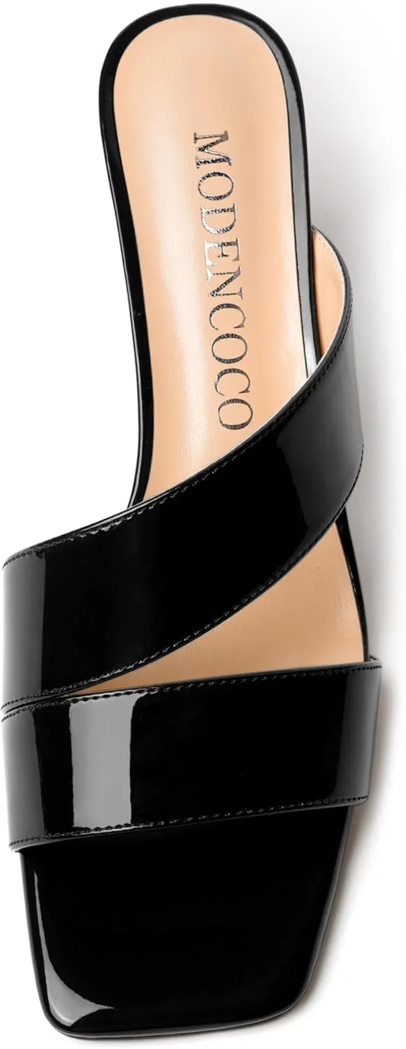 MODENCOCO Womens Slip On Square Toe Dressy Sexy Patent Party Stiletto High Heel Heeled Sandals 3.5 Inch