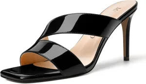 MODENCOCO Womens Slip On Square Toe Dressy Sexy Patent Party Stiletto High Heel Heeled Sandals 3.5 Inch