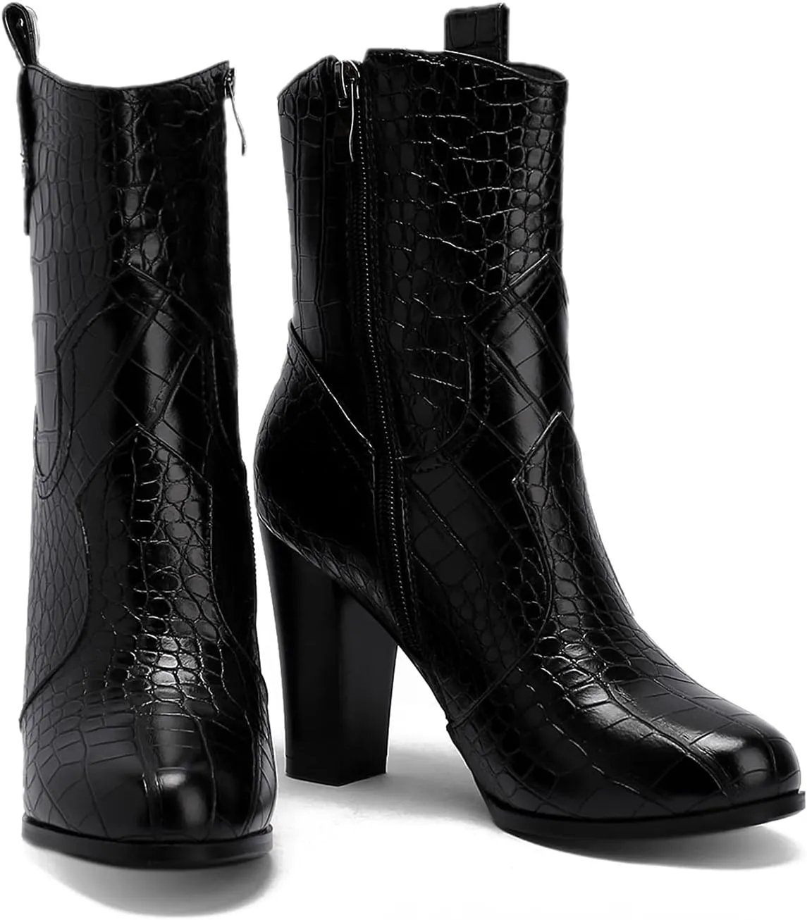MOOMMO Women Chunky Heel Western Booties Round Toe Crocodile Pattern Zipper Ankle Boots Cowboy 4 Inch High Block Heel Retro Formal Dress Work Winter 4-11 M US