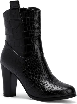 MOOMMO Women Chunky Heel Western Booties Round Toe Crocodile Pattern Zipper Ankle Boots Cowboy 4 Inch High Block Heel Retro Formal Dress Work Winter 4-11 M US