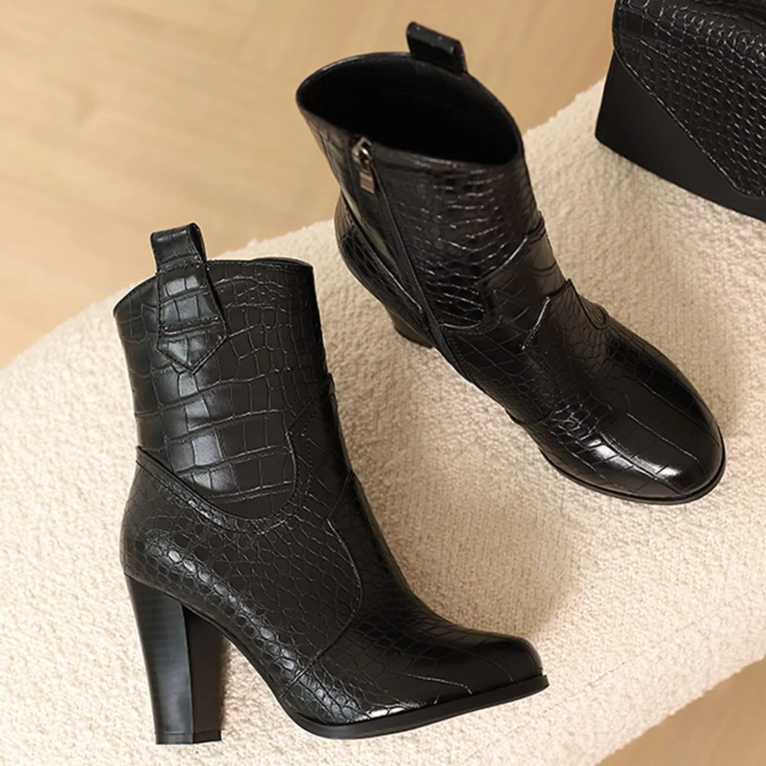 MOOMMO Women Chunky Heel Western Booties Round Toe Crocodile Pattern Zipper Ankle Boots Cowboy 4 Inch High Block Heel Retro Formal Dress Work Winter 4-11 M US