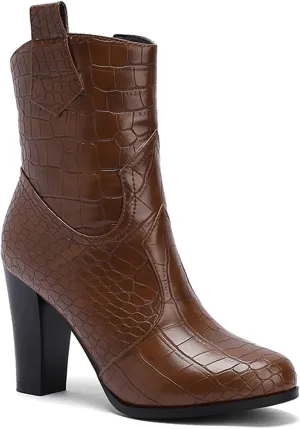 MOOMMO Women Chunky Heel Western Booties Round Toe Crocodile Pattern Zipper Ankle Boots Cowboy 4 Inch High Block Heel Retro Formal Dress Work Winter 4-11 M US