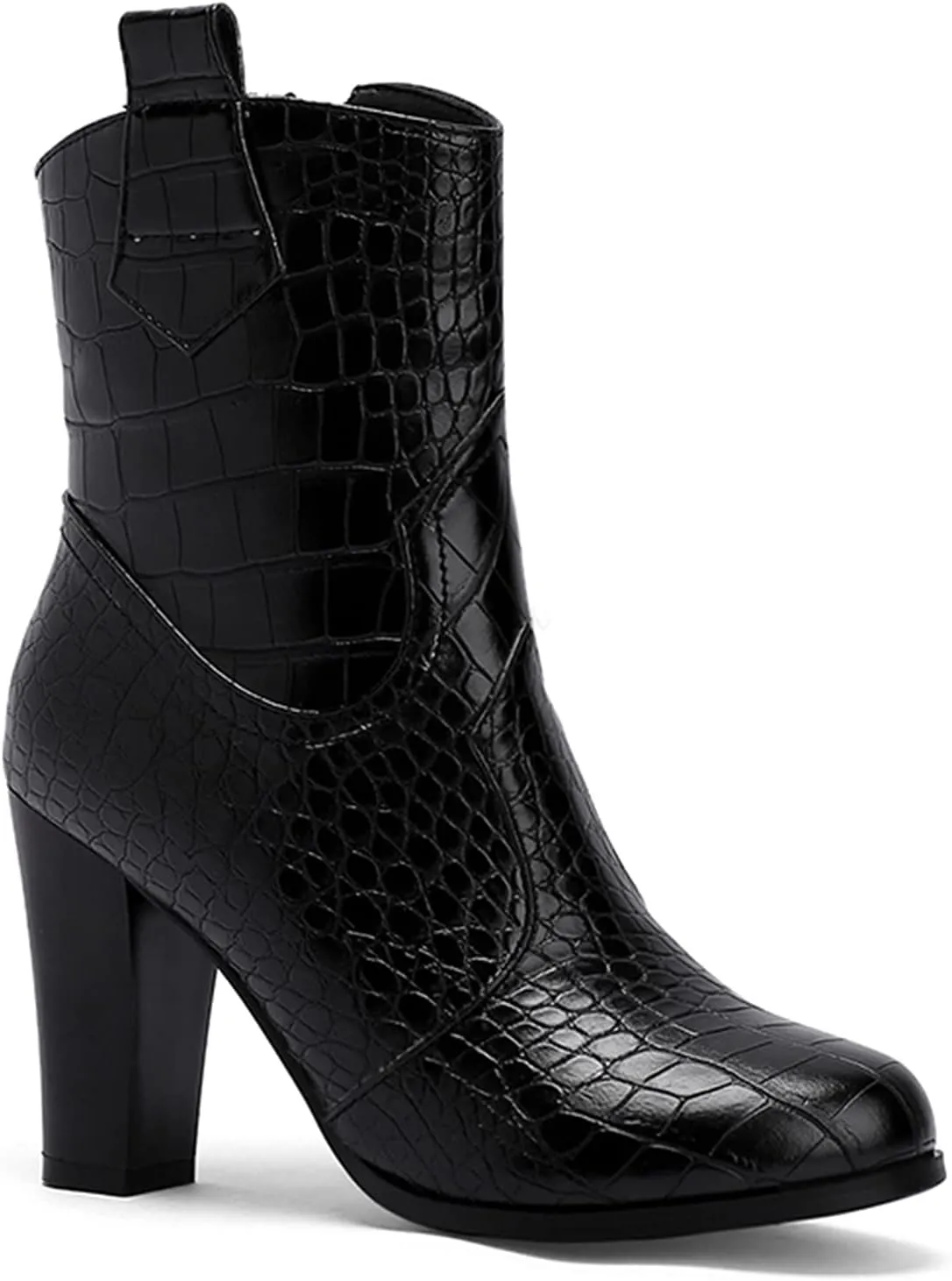MOOMMO Women Chunky Heel Western Booties Round Toe Crocodile Pattern Zipper Ankle Boots Cowboy 4 Inch High Block Heel Retro Formal Dress Work Winter 4-11 M US