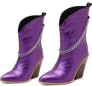 MOOMMO Women Chunky Stacked Heel Western Mid Calf Boots Pointed Toe Pull On Cowboy Cowgirl Boots Metal Chain Snakeskin Crocodile Boots Animal Print V Cut Fashion Fall Booties Party Office 4-15 M US