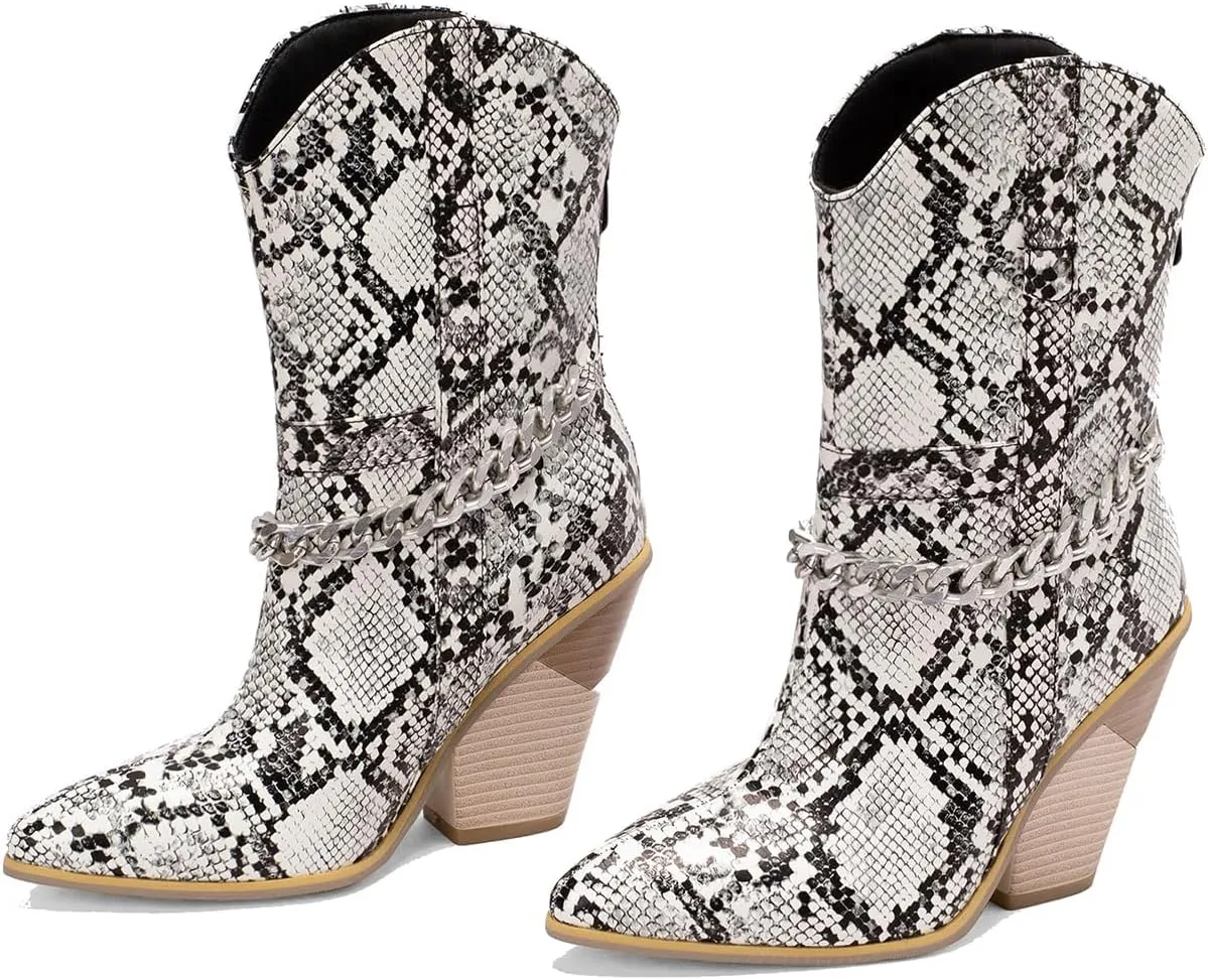 MOOMMO Women Chunky Stacked High Heel Western Boots Mid Calf Pointed Toe Back Zipper Cowboy Cowgirl Short Boots Metal Chain Snakeskin Crocodile Boots Animal Print V Cut Fashion Fall Booties 4-15 M US