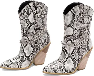 MOOMMO Women Chunky Stacked High Heel Western Boots Mid Calf Pointed Toe Back Zipper Cowboy Cowgirl Short Boots Metal Chain Snakeskin Crocodile Boots Animal Print V Cut Fashion Fall Booties 4-15 M US