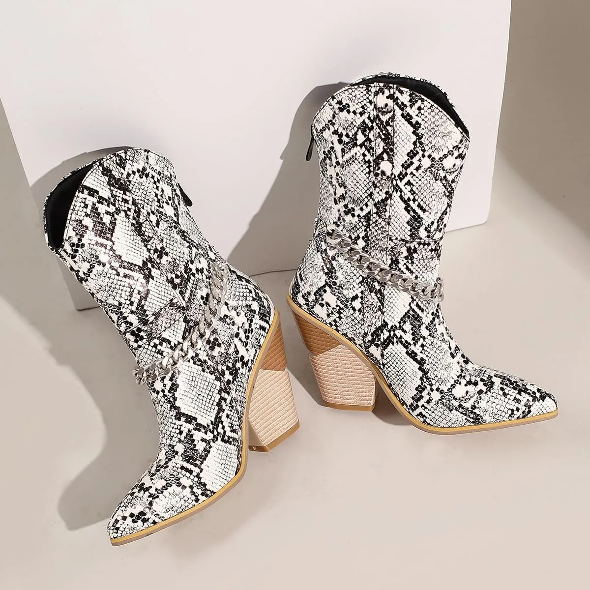 MOOMMO Women Chunky Stacked High Heel Western Boots Mid Calf Pointed Toe Back Zipper Cowboy Cowgirl Short Boots Metal Chain Snakeskin Crocodile Boots Animal Print V Cut Fashion Fall Booties 4-15 M US