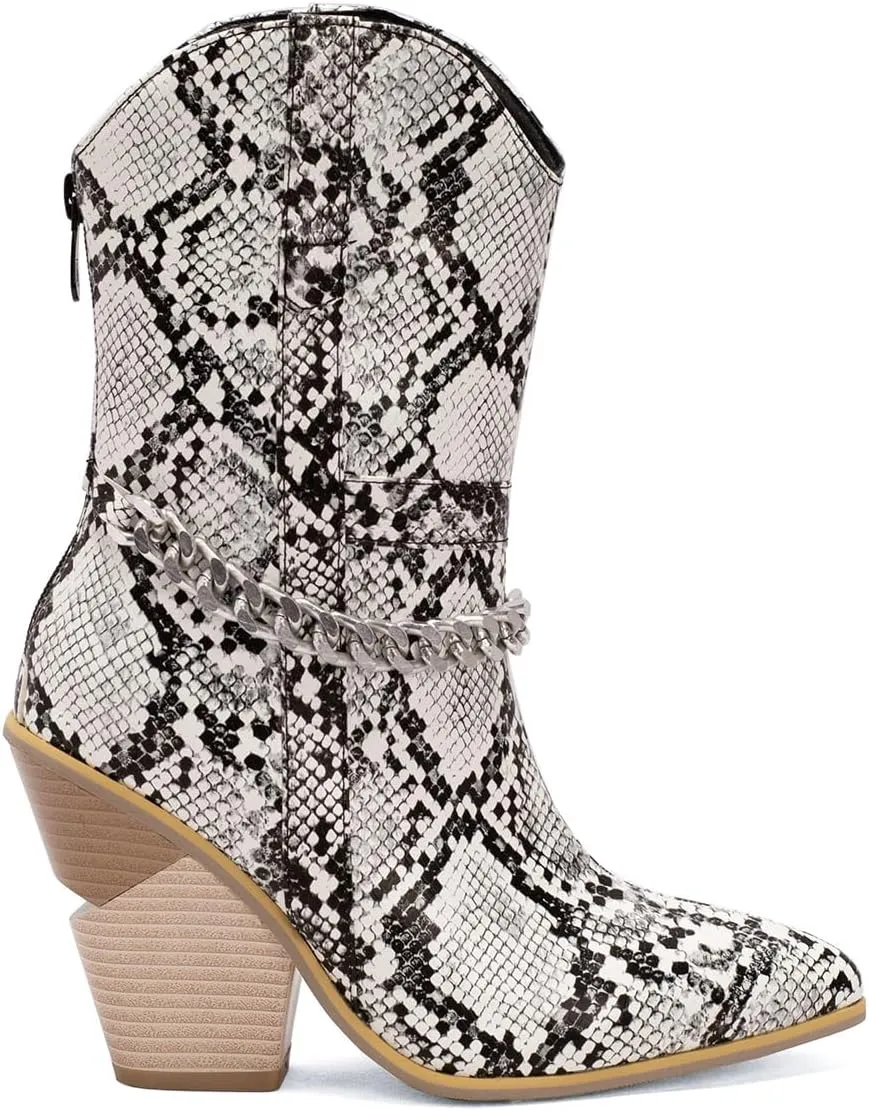 MOOMMO Women Chunky Stacked High Heel Western Boots Mid Calf Pointed Toe Back Zipper Cowboy Cowgirl Short Boots Metal Chain Snakeskin Crocodile Boots Animal Print V Cut Fashion Fall Booties 4-15 M US