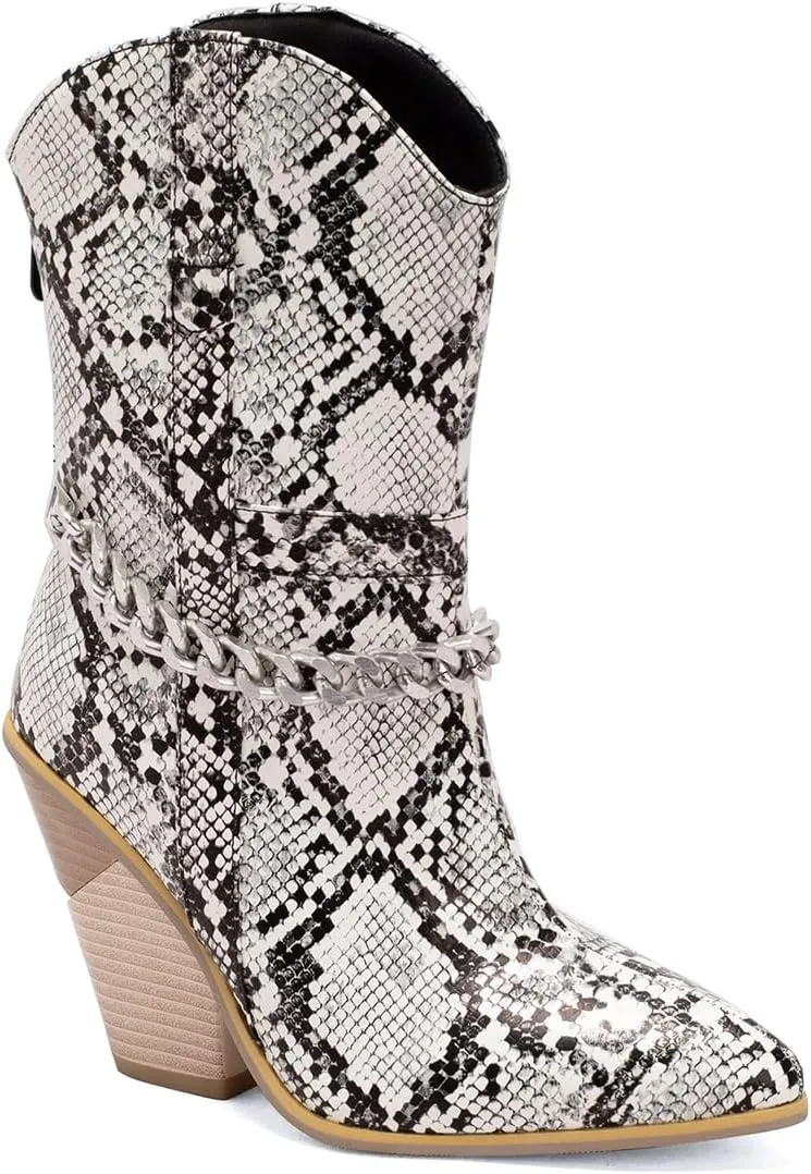 MOOMMO Women Chunky Stacked High Heel Western Boots Mid Calf Pointed Toe Back Zipper Cowboy Cowgirl Short Boots Metal Chain Snakeskin Crocodile Boots Animal Print V Cut Fashion Fall Booties 4-15 M US