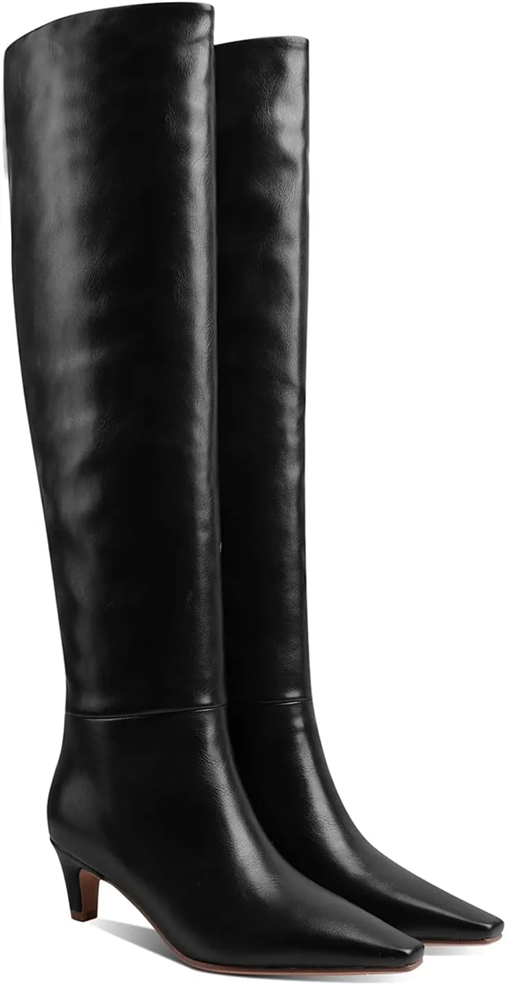 MOOMMO Women Kitten Heel Over Knee High Boots Square Toe Matte Pull On Wide Calf Pleated Low Heel Thigh Boots Stylish Retro Dress Boots Chic Party Comfy 4-11 M US