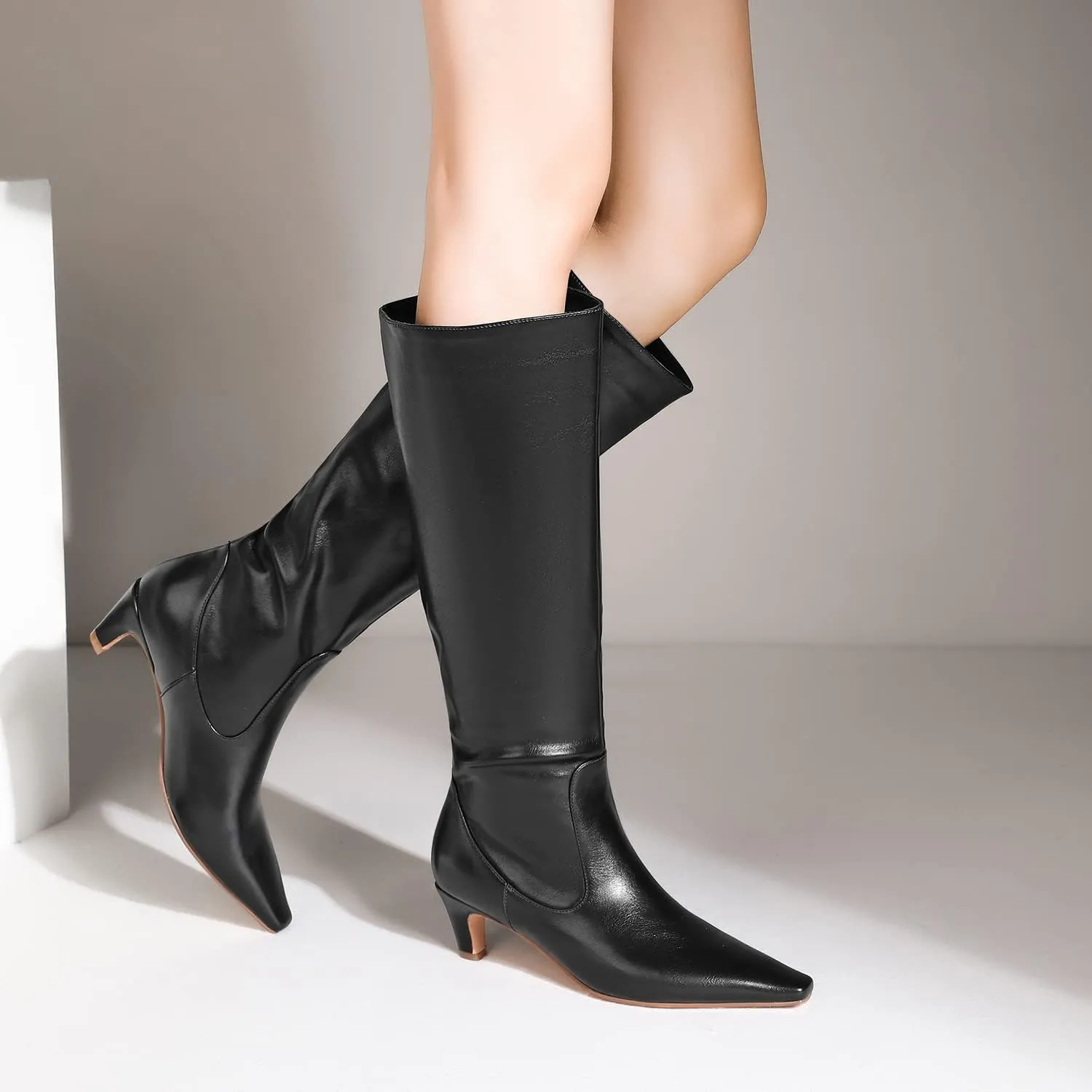 MOOMMO Women Kitten Heel Over Knee High Boots Square Toe Matte Pull On Wide Calf Pleated Low Heel Thigh Boots Stylish Retro Dress Boots Chic Party Comfy 4-11 M US