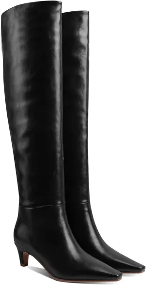 MOOMMO Women Kitten Heel Over Knee High Boots Square Toe Matte Pull On Wide Calf Pleated Low Heel Thigh Boots Stylish Retro Dress Boots Chic Party Comfy 4-11 M US