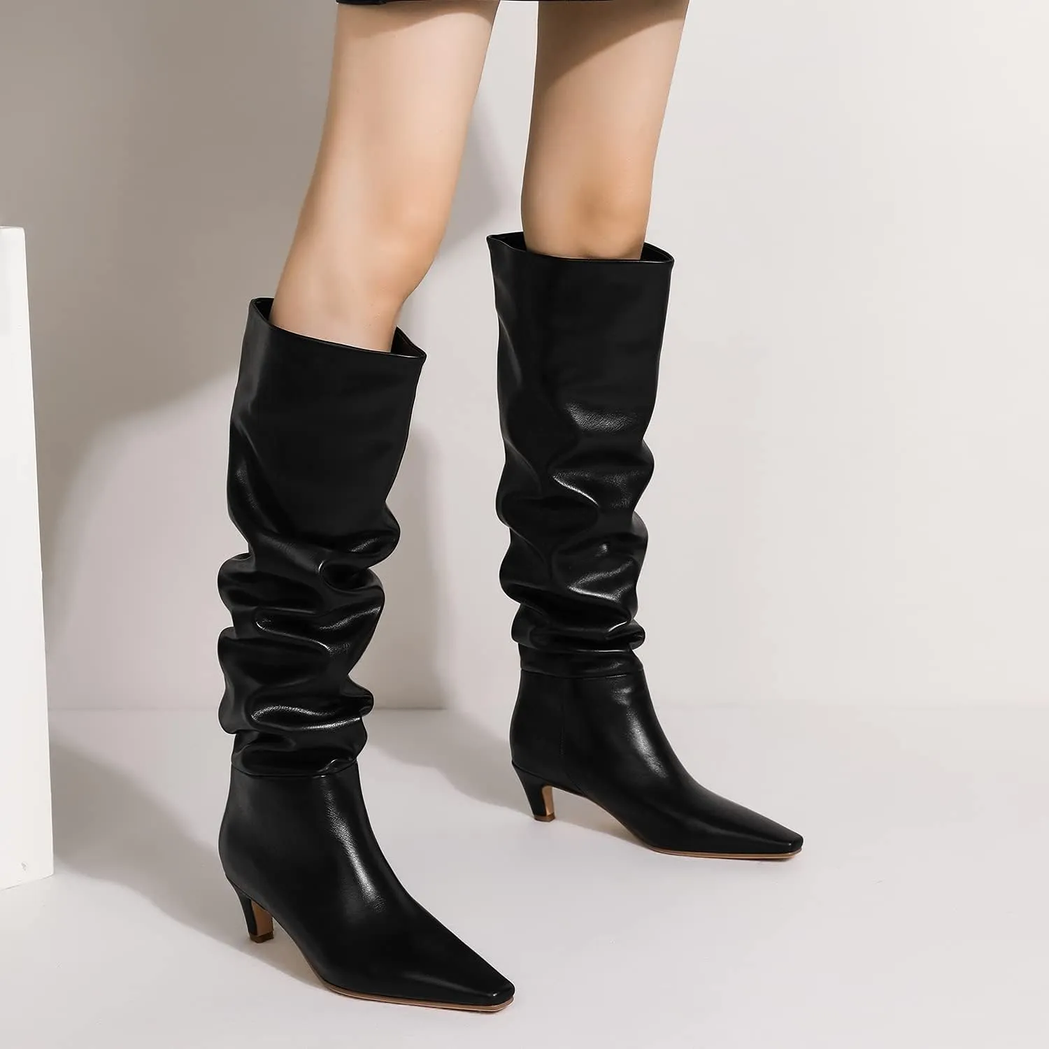 MOOMMO Women Kitten Heel Over Knee High Boots Square Toe Matte Pull On Wide Calf Pleated Low Heel Thigh Boots Stylish Retro Dress Boots Chic Party Comfy 4-11 M US