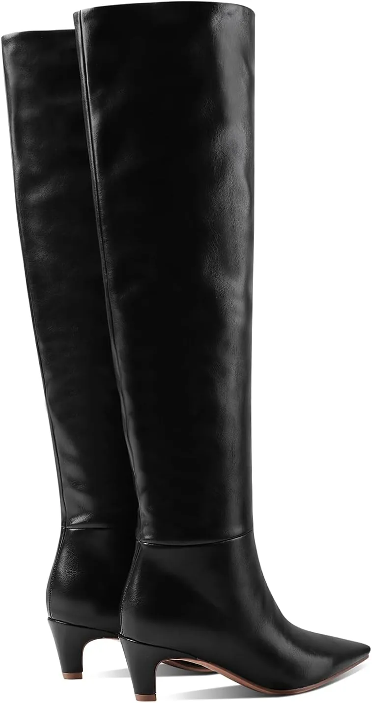 MOOMMO Women Kitten Heel Over Knee High Boots Square Toe Matte Pull On Wide Calf Pleated Low Heel Thigh Boots Stylish Retro Dress Boots Chic Party Comfy 4-11 M US