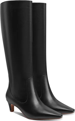 MOOMMO Women Kitten Heel Over Knee High Boots Square Toe Matte Pull On Wide Calf Pleated Low Heel Thigh Boots Stylish Retro Dress Boots Chic Party Comfy 4-11 M US