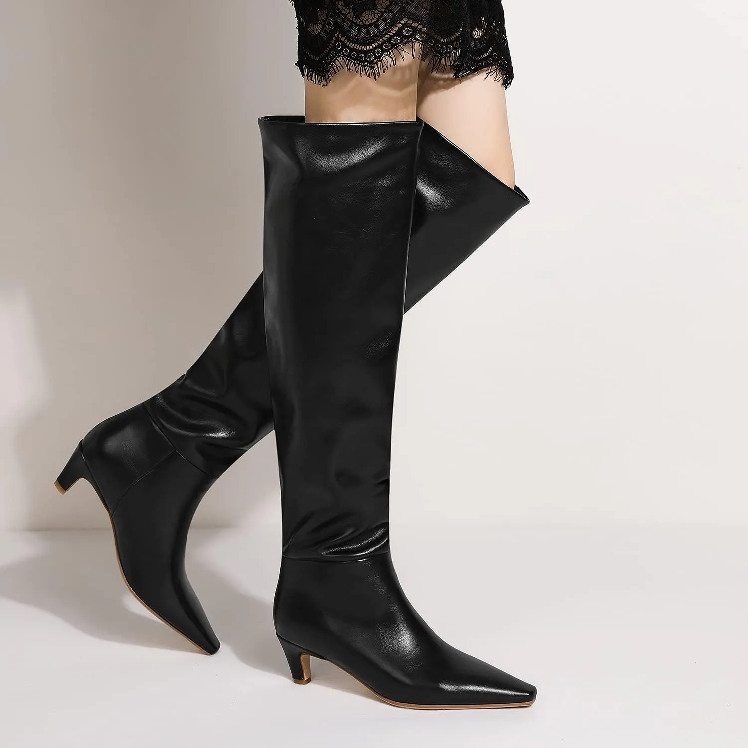 MOOMMO Women Kitten Heel Over Knee High Boots Square Toe Matte Pull On Wide Calf Pleated Low Heel Thigh Boots Stylish Retro Dress Boots Chic Party Comfy 4-11 M US