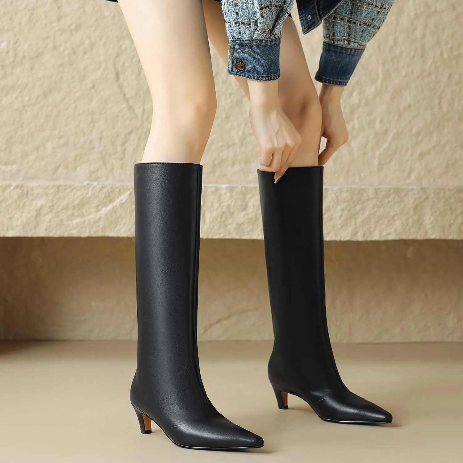 MOOMMO Women Kitten Heel Over Knee High Boots Square Toe Matte Pull On Wide Calf Pleated Low Heel Thigh Boots Stylish Retro Dress Boots Chic Party Comfy 4-11 M US