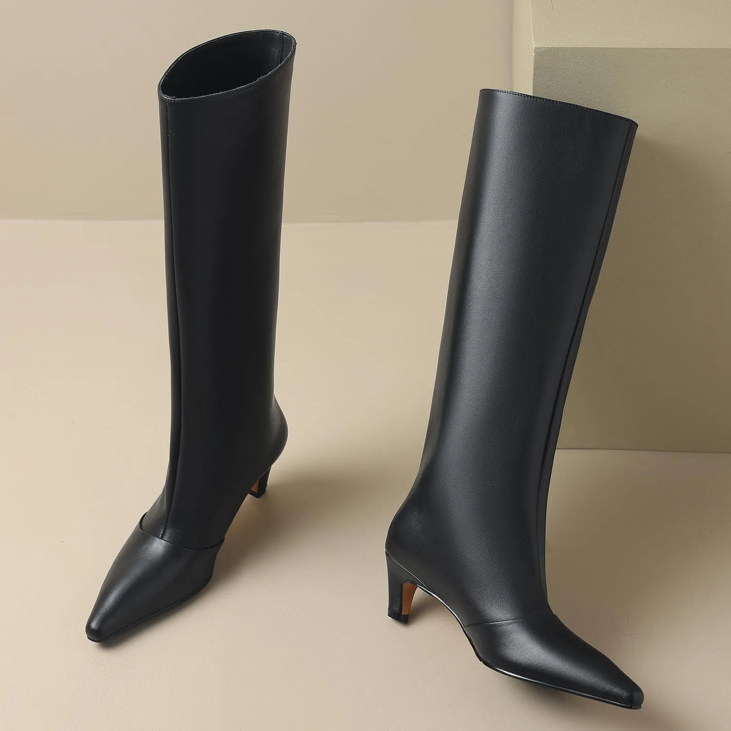 MOOMMO Women Kitten Heel Over Knee High Boots Square Toe Matte Pull On Wide Calf Pleated Low Heel Thigh Boots Stylish Retro Dress Boots Chic Party Comfy 4-11 M US