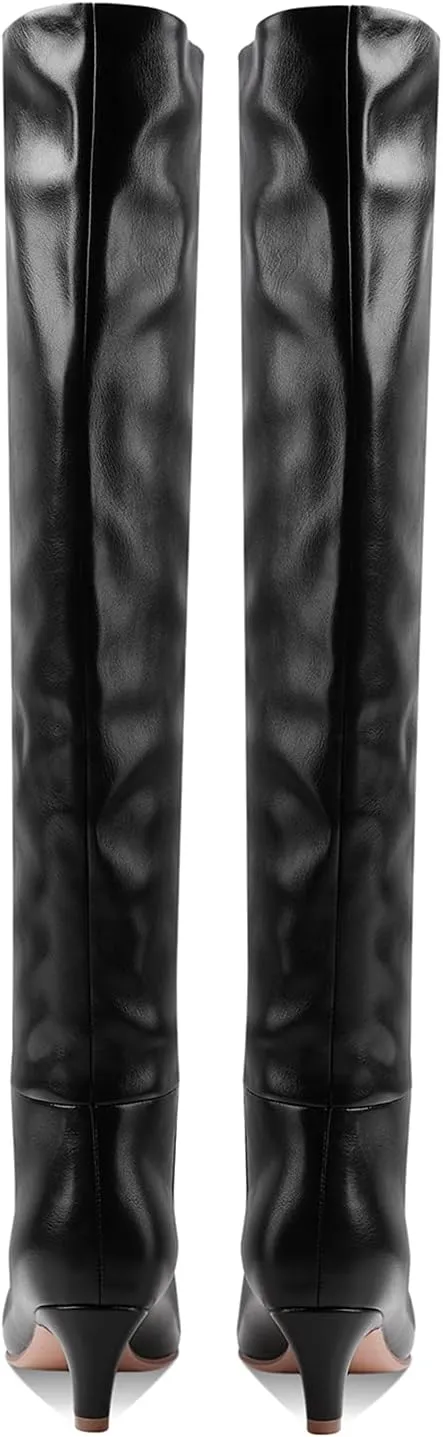 MOOMMO Women Kitten Heel Over Knee High Boots Square Toe Matte Pull On Wide Calf Pleated Low Heel Thigh Boots Stylish Retro Dress Boots Chic Party Comfy 4-11 M US