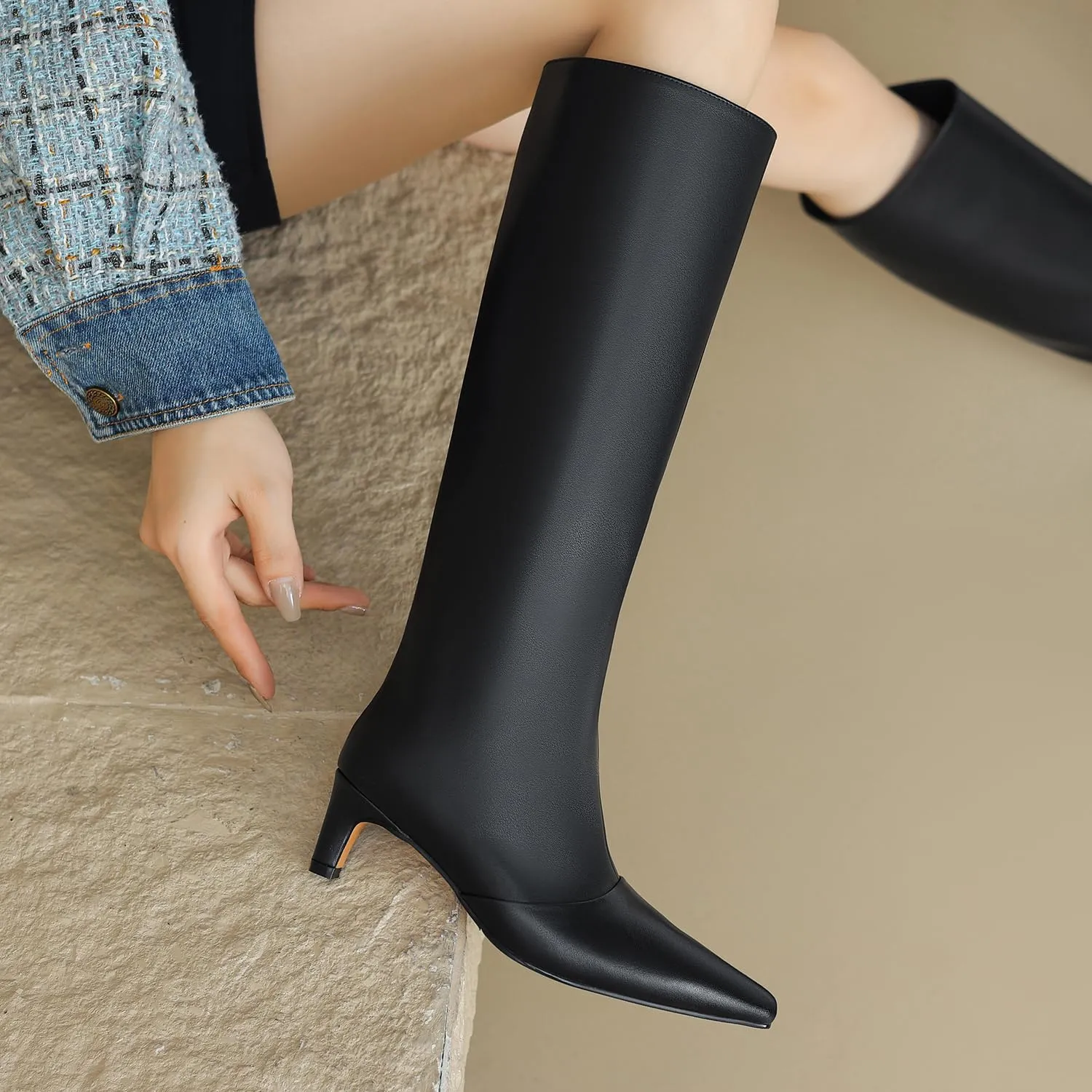 MOOMMO Women Kitten Heel Over Knee High Boots Square Toe Matte Pull On Wide Calf Pleated Low Heel Thigh Boots Stylish Retro Dress Boots Chic Party Comfy 4-11 M US