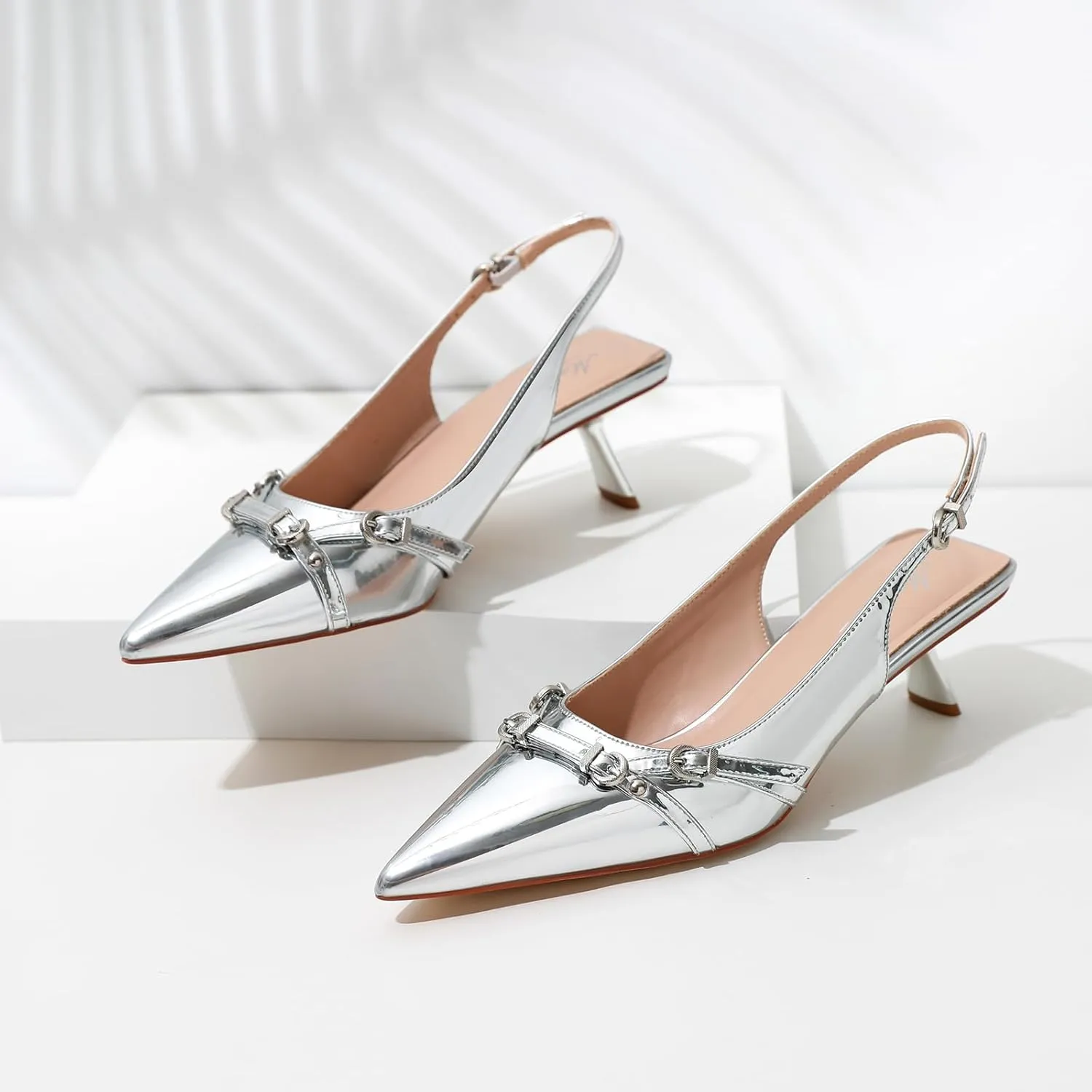 Mostrin Kitten Heels for Women Pointed Toe Pumps Patent Leather Low Heel Slingback Heels with Buckle Dress Shoes for Dating Party Working