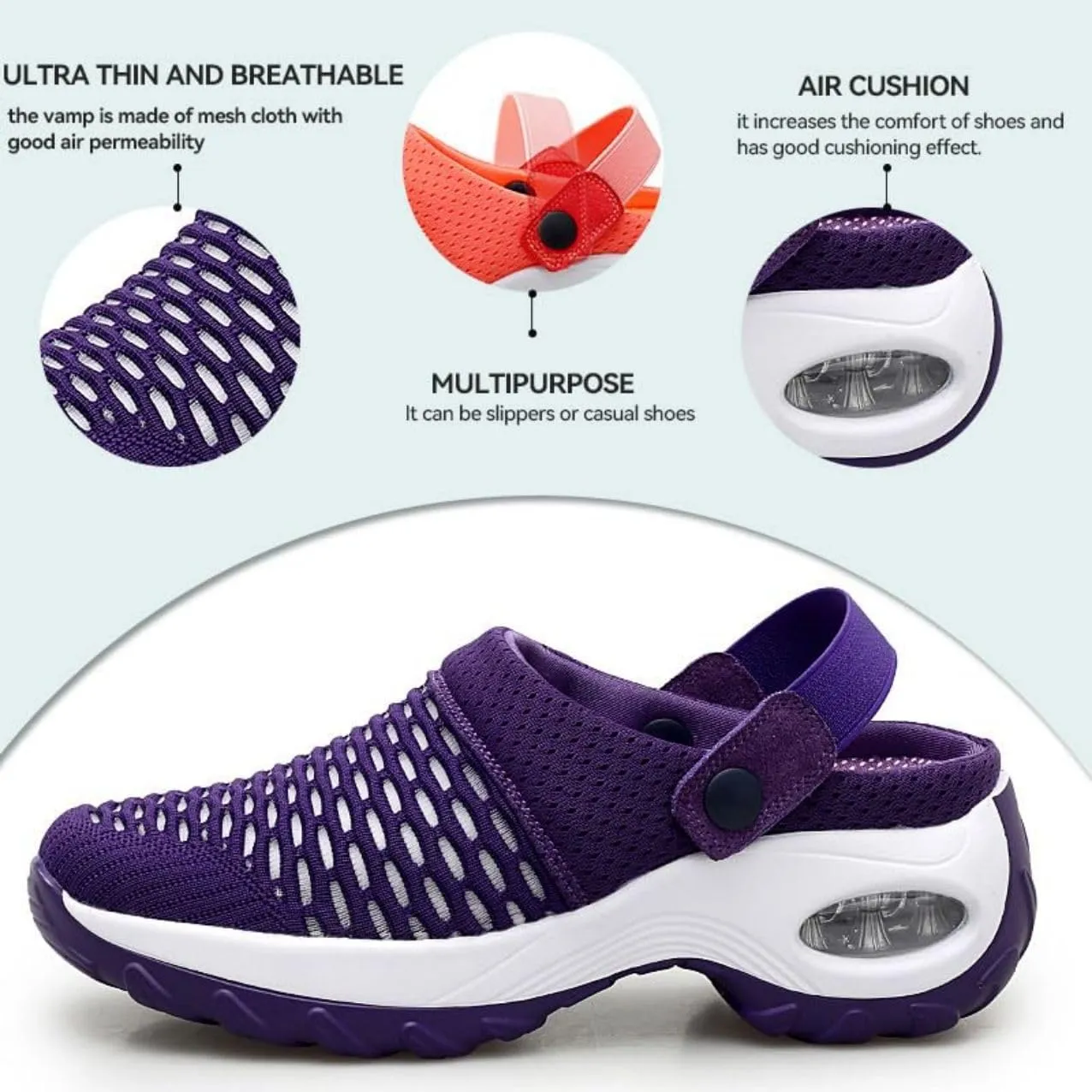 Mules Clogs for Women Summer Air Cushion Platform Mesh Mules Sneaker Sandals for Female Lightweight Beach Shoes Outdoor Slippers Walking Shoes Plantar Fasciitis Slippers Man Orthopedic Slip On Sandals