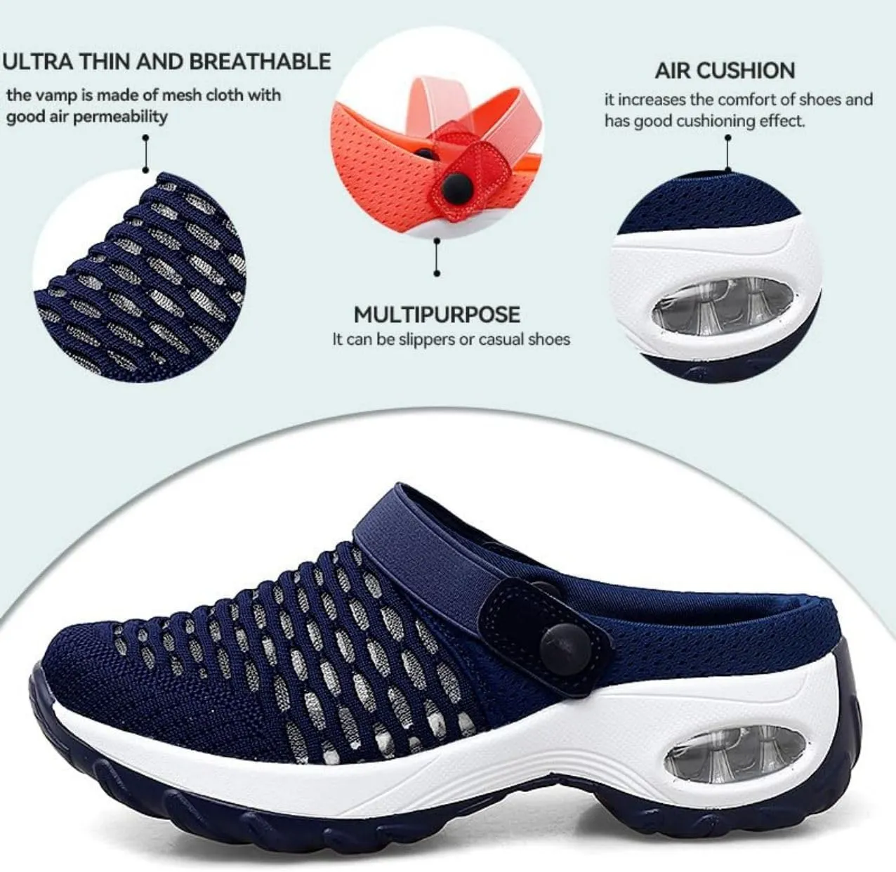 Mules Clogs for Women Summer Air Cushion Platform Mesh Mules Sneaker Sandals for Female Lightweight Beach Shoes Outdoor Slippers Walking Shoes Plantar Fasciitis Slippers Man Orthopedic Slip On Sandals