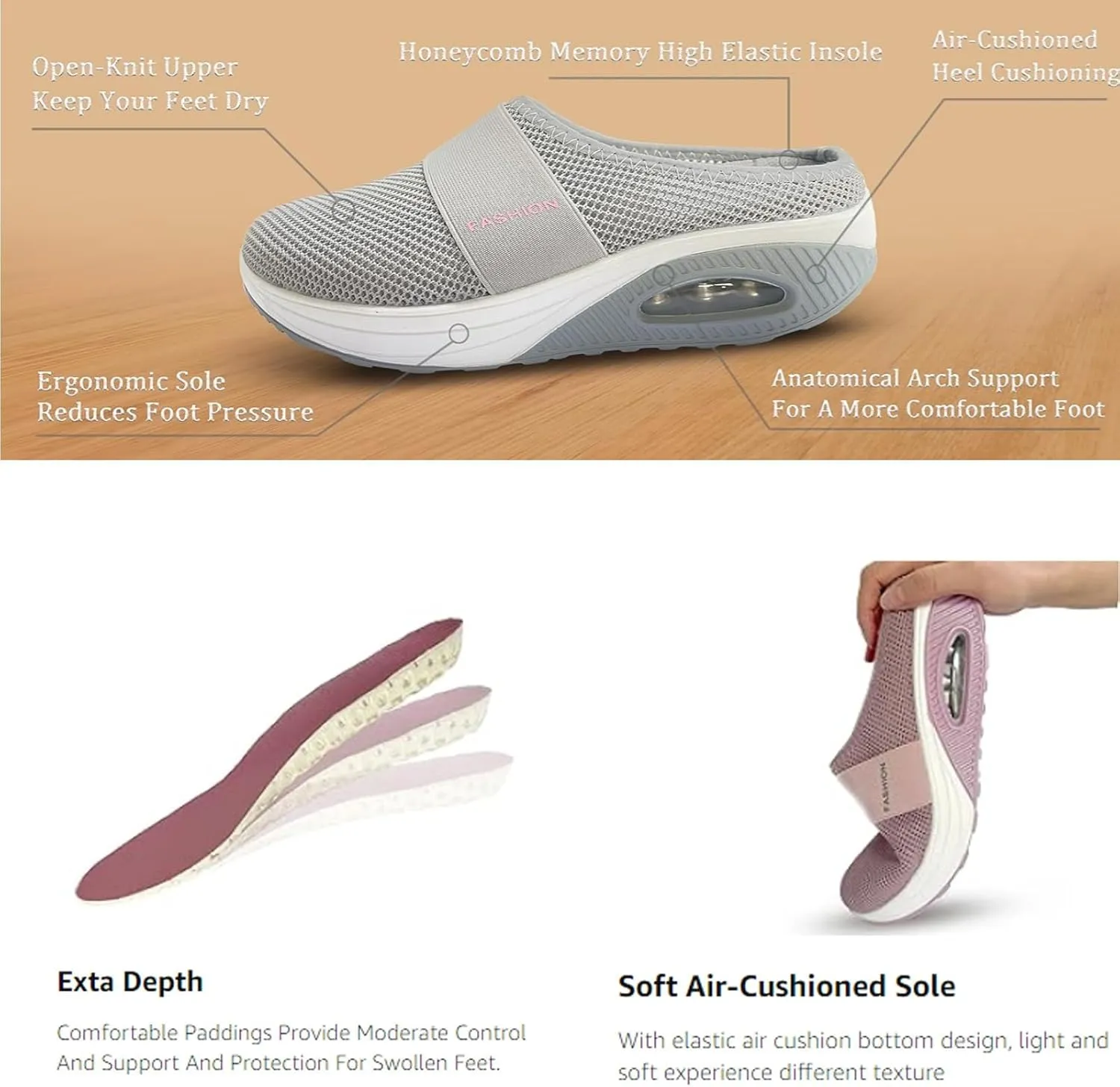 Mules for Women 2025 Summer Slip-On Mule Shoes Mesh Air Cushion Orthopedic Diabetic Shoes with Arch-Support Open Back Slip On Shoes Breathable Slippers Closed Toe Slides