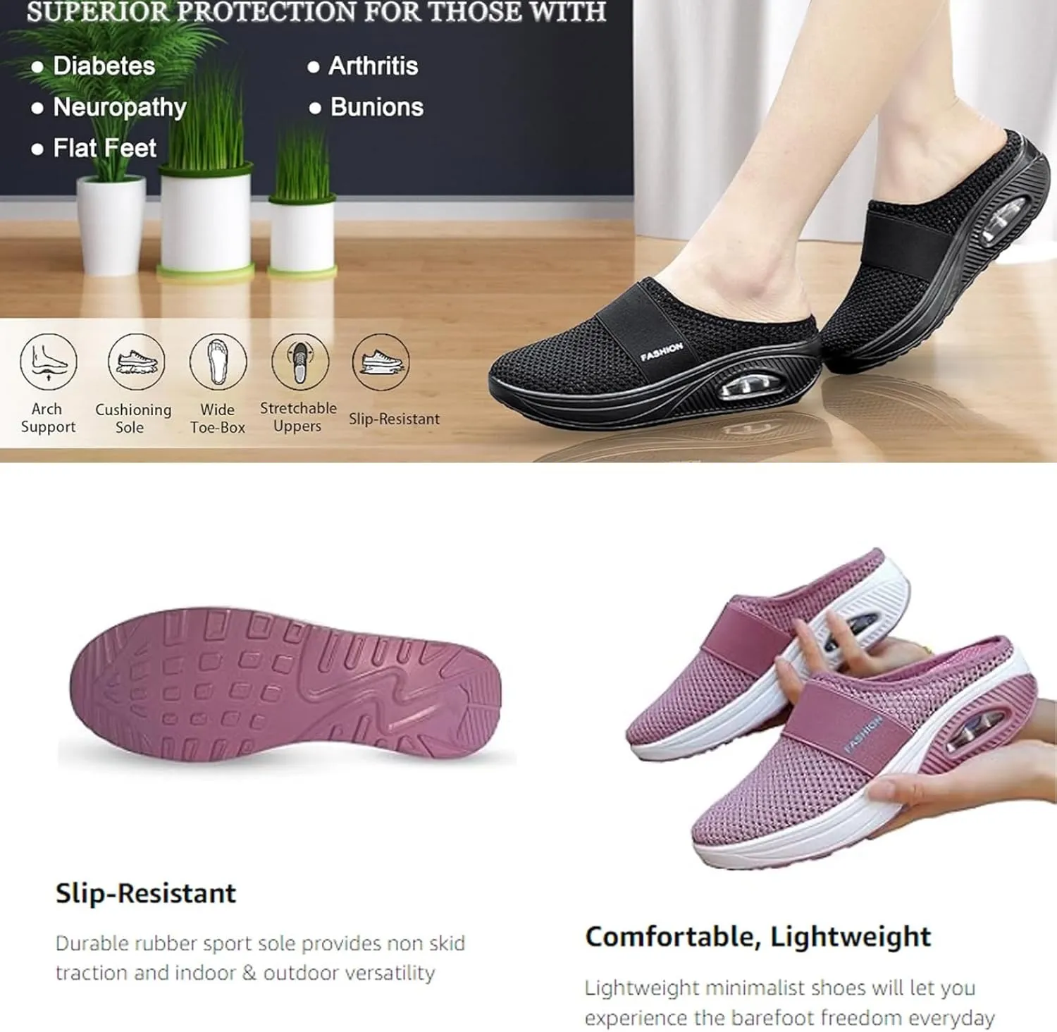 Mules for Women 2025 Summer Slip-On Mule Shoes Mesh Air Cushion Orthopedic Diabetic Shoes with Arch-Support Open Back Slip On Shoes Breathable Slippers Closed Toe Slides