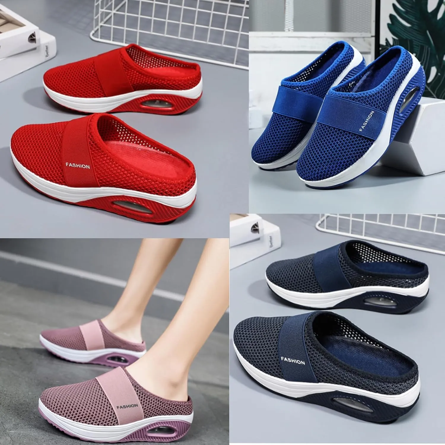 Mules for Women 2025 Summer Slip-On Mule Shoes Mesh Air Cushion Orthopedic Diabetic Shoes with Arch-Support Open Back Slip On Shoes Breathable Slippers Closed Toe Slides