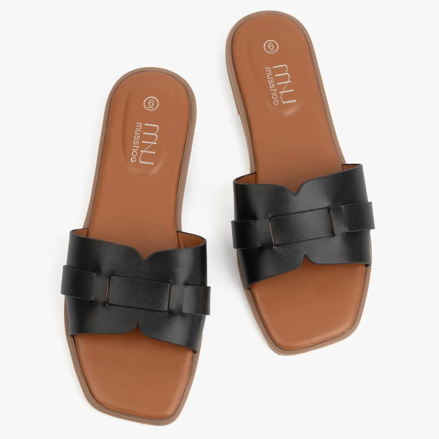 MUSSHOE Fashion Flat Summer Sandals for Women 2025-Comfortable Leather Slides, Dressy Beach Footwear Cute Memory Foam Mules Braided Open Toe Design,Size 5-11