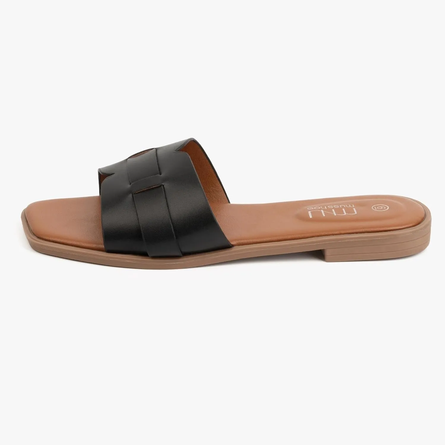 MUSSHOE Fashion Flat Summer Sandals for Women 2025-Comfortable Leather Slides, Dressy Beach Footwear Cute Memory Foam Mules Braided Open Toe Design,Size 5-11