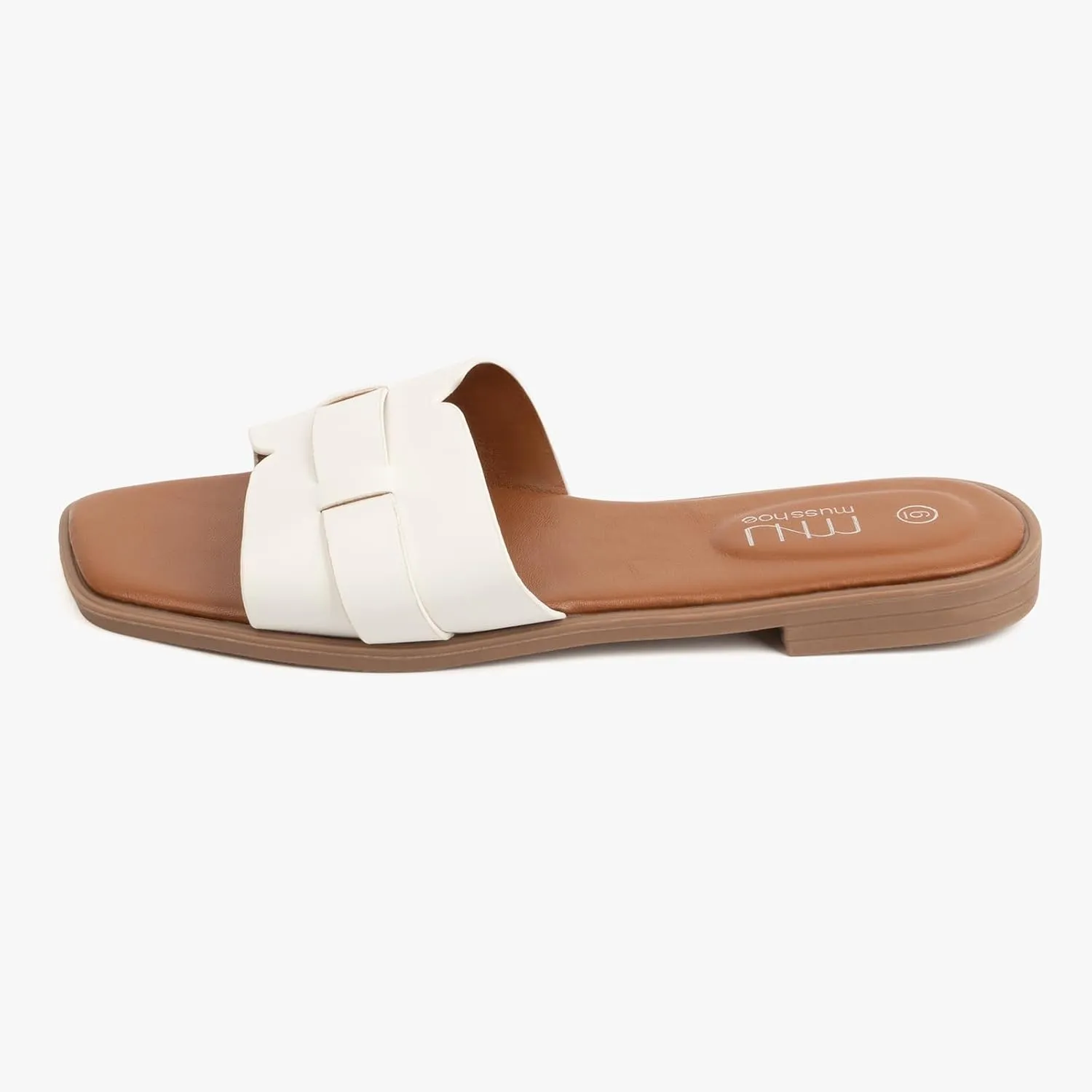 MUSSHOE Fashion Flat Summer Sandals for Women 2025-Comfortable Leather Slides, Dressy Beach Footwear Cute Memory Foam Mules Braided Open Toe Design,Size 5-11