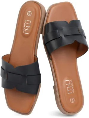 MUSSHOE Fashion Flat Summer Sandals for Women 2025-Comfortable Leather Slides, Dressy Beach Footwear Cute Memory Foam Mules Braided Open Toe Design,Size 5-11