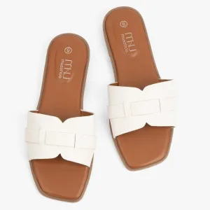 MUSSHOE Fashion Flat Summer Sandals for Women 2025-Comfortable Leather Slides, Dressy Beach Footwear Cute Memory Foam Mules Braided Open Toe Design,Size 5-11