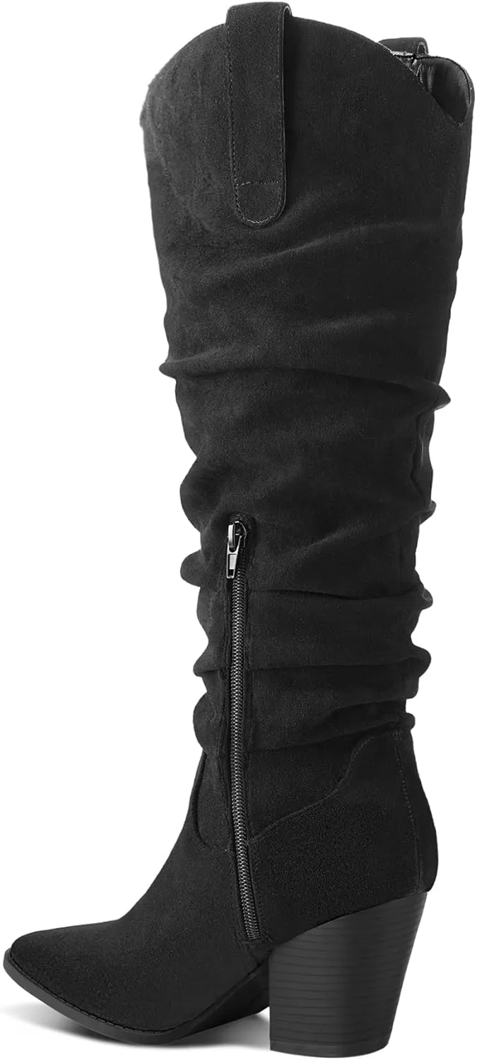 mysoft Women's Cowboy Knee-High Boots Pointed Toe Mid Chunky Heel Pull On Slouchy Boots with Zippers