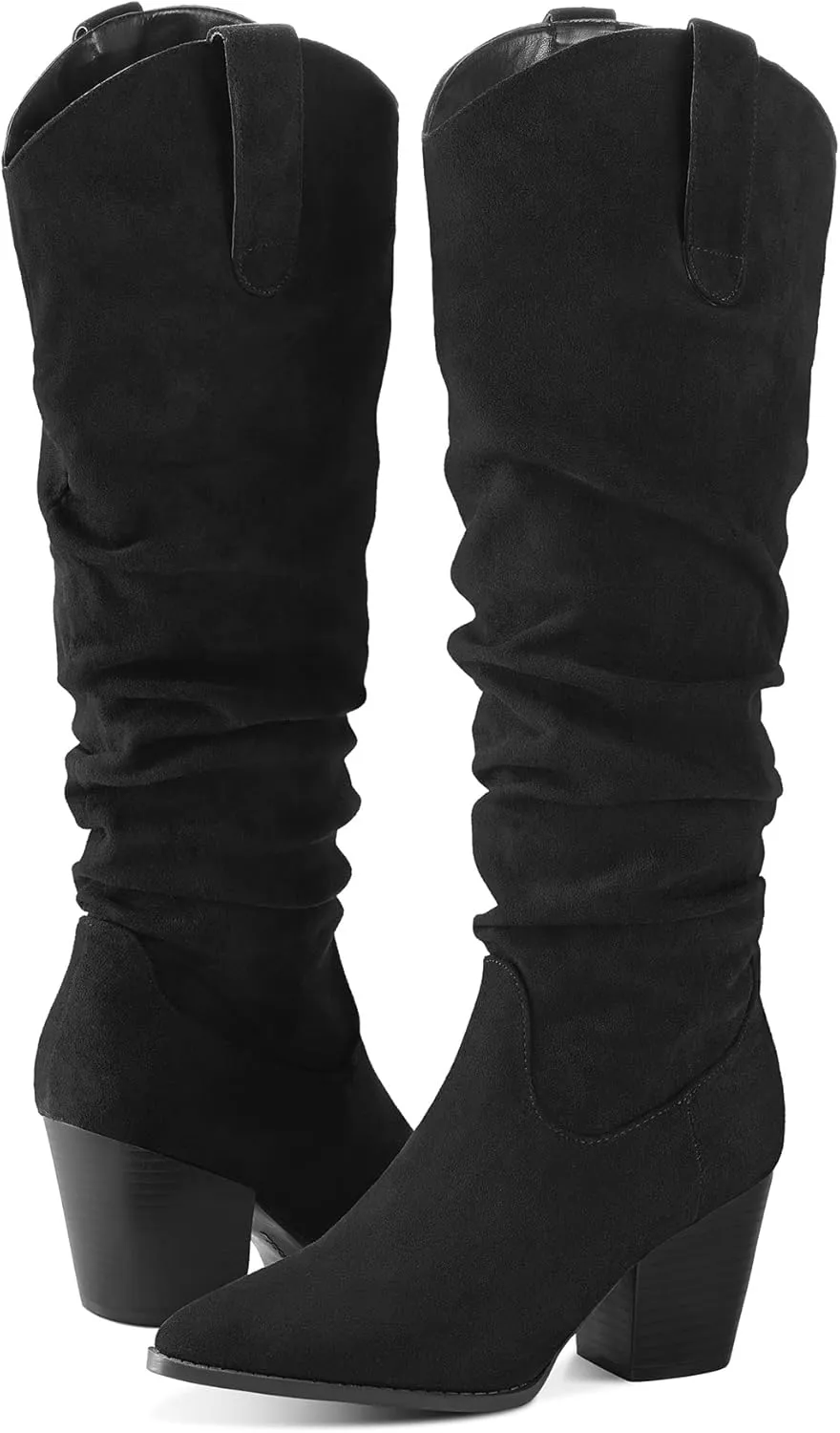 mysoft Women's Cowboy Knee-High Boots Pointed Toe Mid Chunky Heel Pull On Slouchy Boots with Zippers