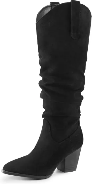 mysoft Women's Cowboy Knee-High Boots Pointed Toe Mid Chunky Heel Pull On Slouchy Boots with Zippers