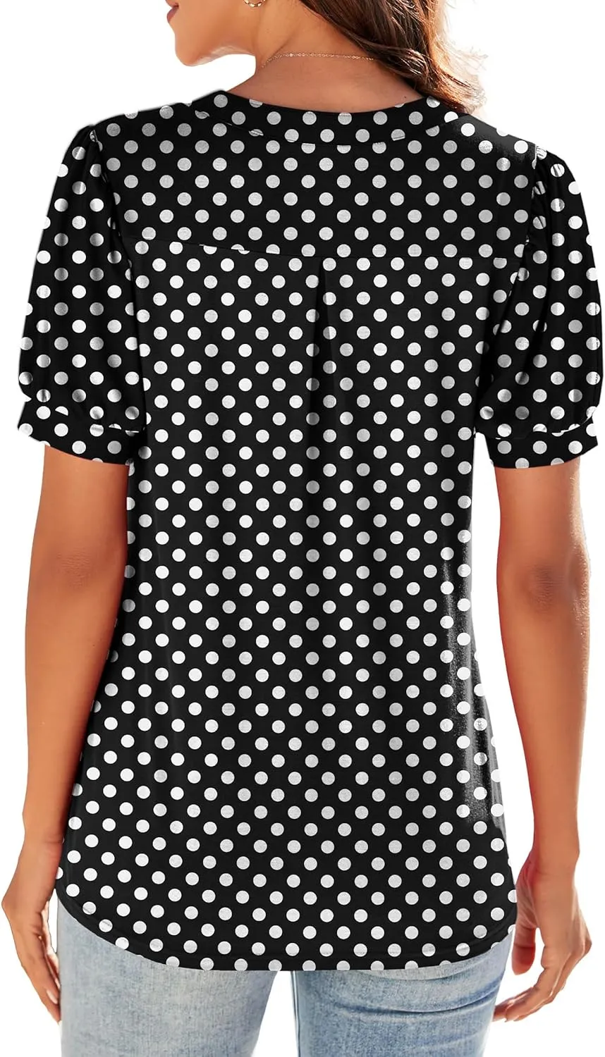 Neineiwu Women Dressy Casual V-Neck T-Shirts Loose Puff Short-Sleeve Tops Tunic Blouse