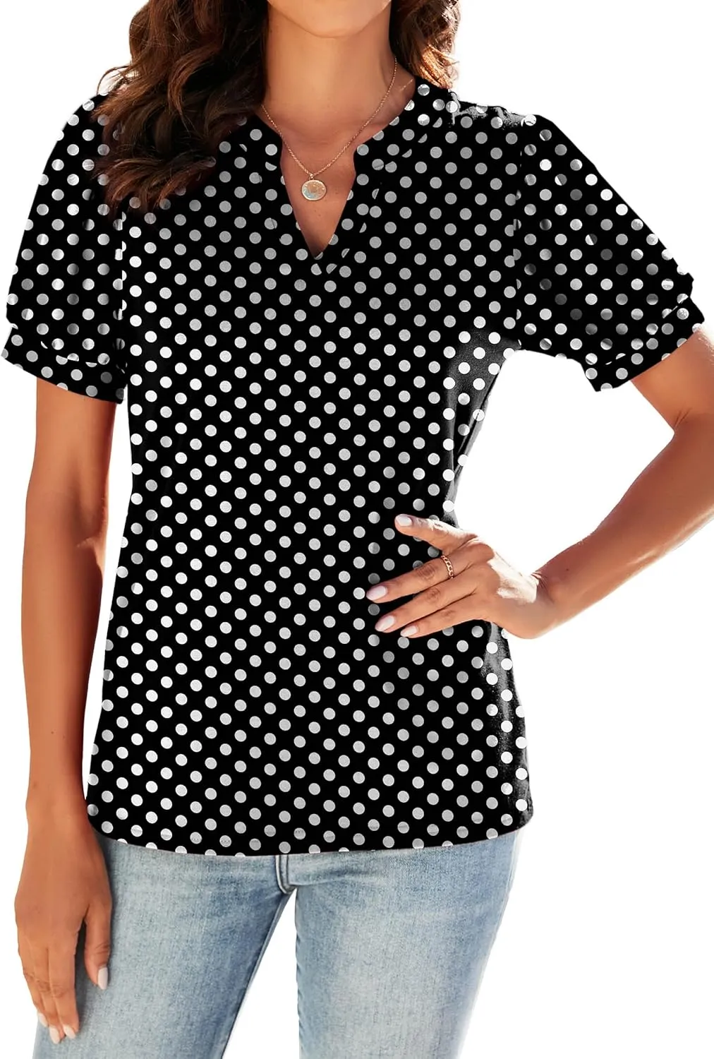 Neineiwu Women Dressy Casual V-Neck T-Shirts Loose Puff Short-Sleeve Tops Tunic Blouse